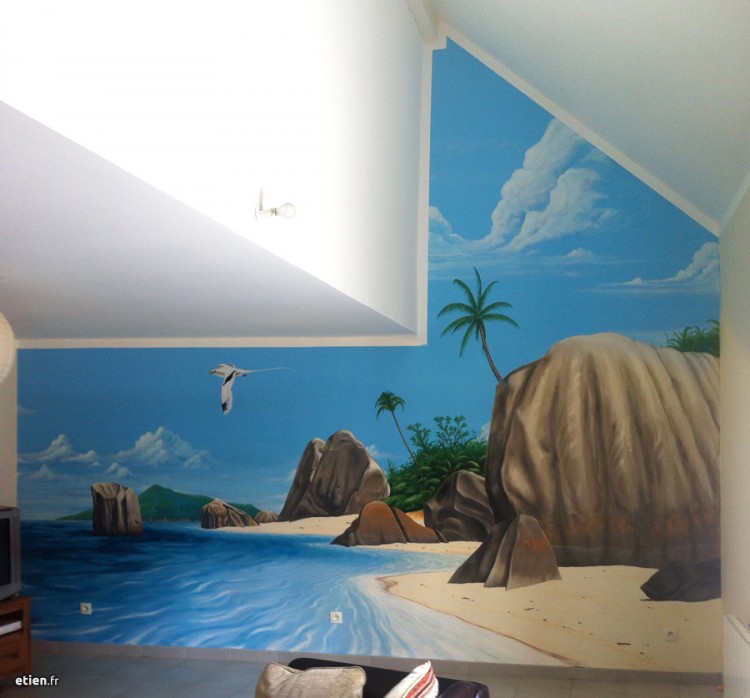 Fresque en trompe l'œil chez un particulier <br/>
Acrylique - 15m2 env.<br/>
Grenoble (38) - 2014 - <em><a href="http://etien.fr/fresque-seychelles/" target="_blank">voir + de photos</a></em>