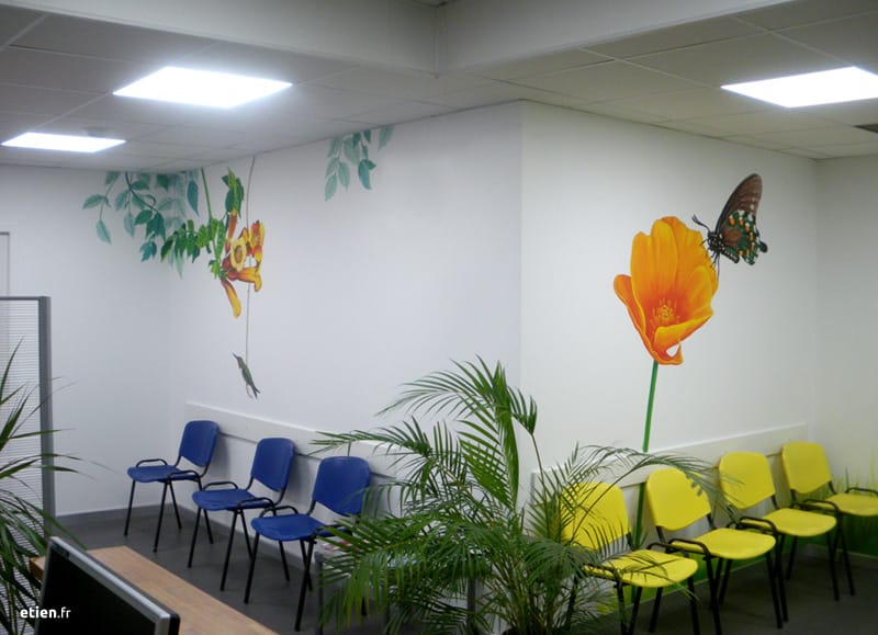 Décoration de salles d'attente pour un cabinet de dentistes<br/>
Acrylique velours - 7m2 env.<br/>
Échirolles (38) - 2015 - <em><a href="http://etien.fr/fresques-pour-un-cabinet-de-dentistes/" target="_blank">voir + de photos</a></em>