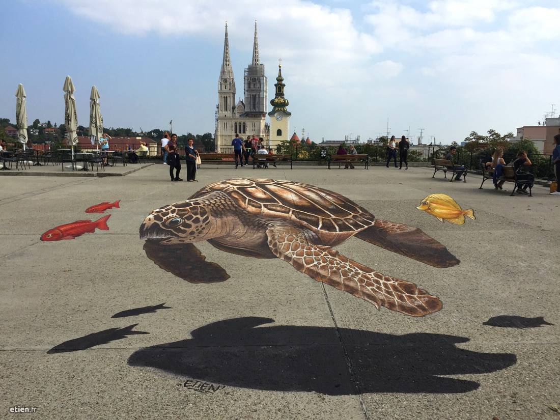 peinture 3D au sol représentant une tortue, 3D art, Zagreb Croatie Étien'